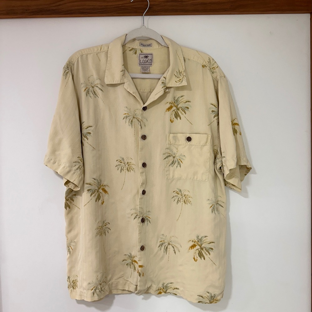Luau Sportswear 100% Silk Palm Tree Camp Shirt Mens Large Cream Coastal Tropical